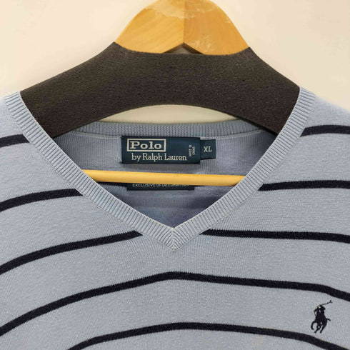 ポロバイラルフローレン Polo by RALPH LAUREN 90S ポニー刺繍 Pima Cotton ピマコットン ボーダー Vネック ニット セーター ビックサイズ メンズ import:XL